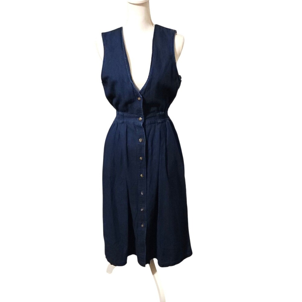 Vintage 80s/90s Lands End Sleeveless Denim Dress Button Front Womens Size 10p